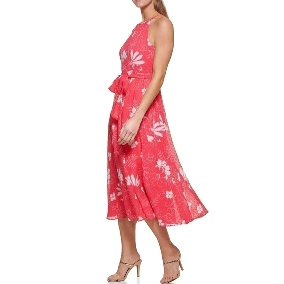 DKNY Chiffon Clip-Dot  Midi Dress Floral Pink Size 12 MSRP $134 NWT - Picture 1 of 13